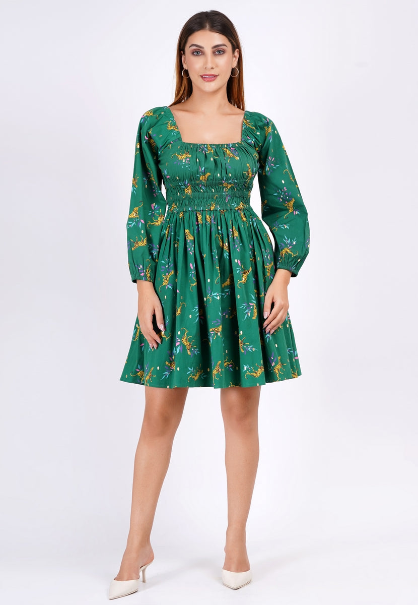 Genevieve Square Neck Mini Dress Lucky Cheetah Verdant Green L
