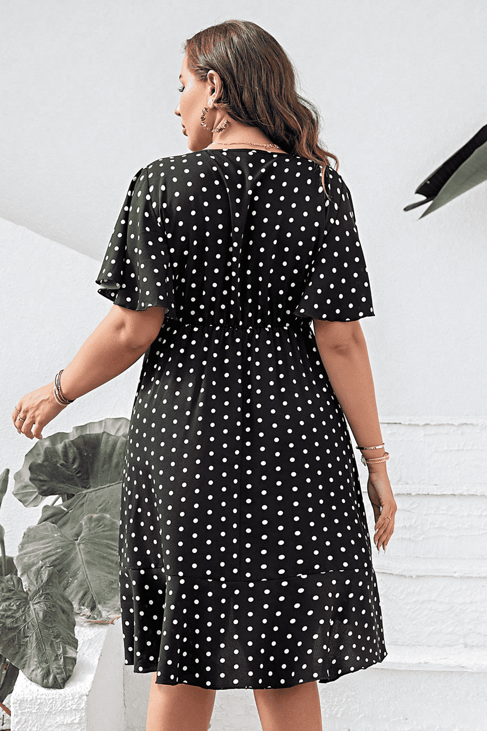 plus size black and white polka dot dress L.NY Plus Size Polka Dot Flutter Sleeve Dress