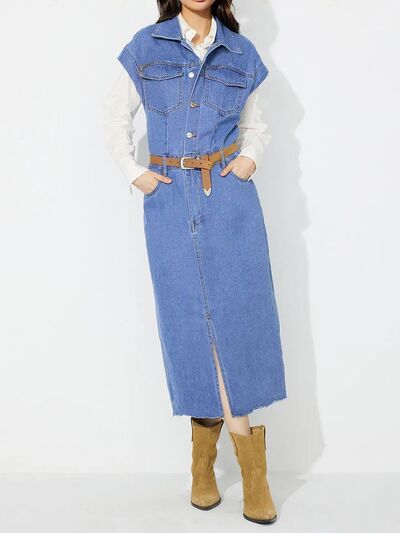 L.NY Slit Half Button Collared Neck Cap Sleeve Denim Dress Light / S L.NY Slit Half Button Collared Neck Cap Sleeve Denim Dress Light / S
