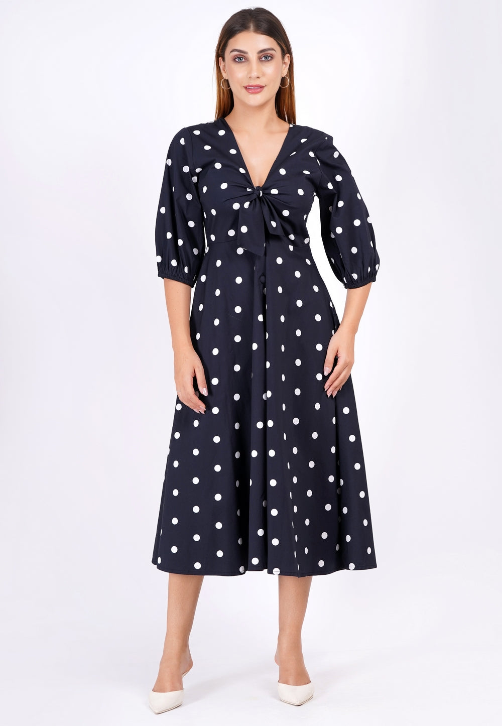 Adriana Tie-Front Midi Dress Small Polka Black White L