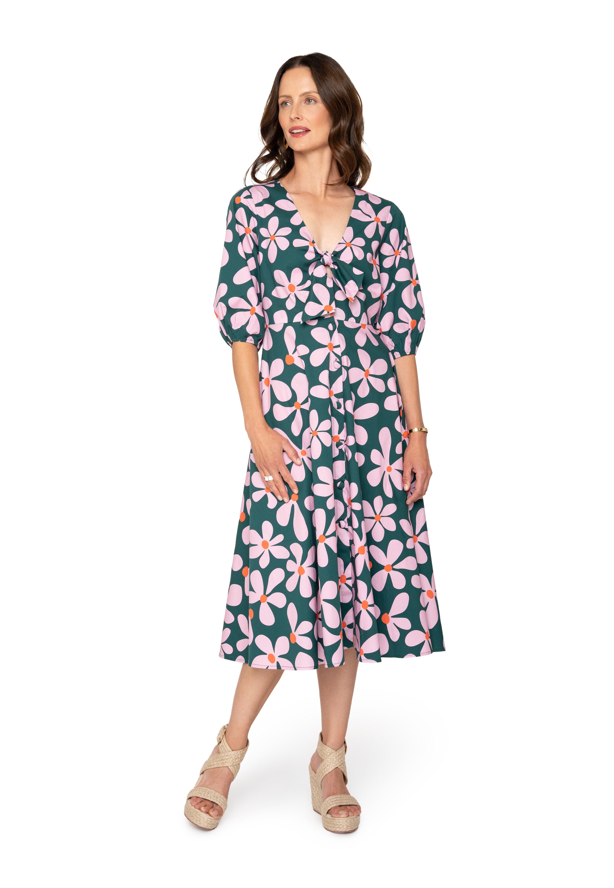 Adriana Tie-Front Midi Dress Dancing Daisies Evergreen S