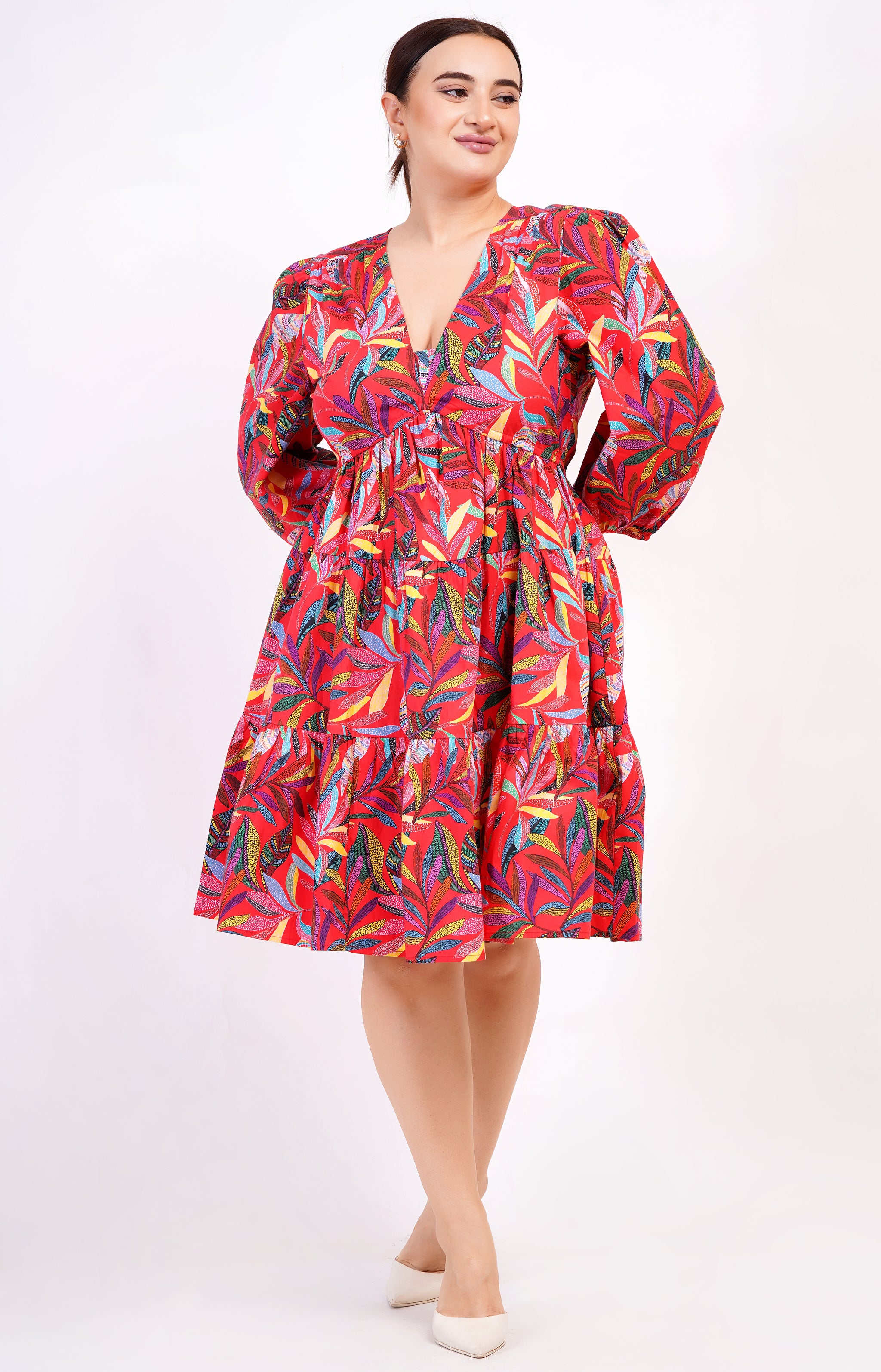 Zariah Empire Waist Mini Dress Palm Foliage Poppy Red 2X Zariah Empire Waist Mini Dress Palm Foliage Poppy Red 2X