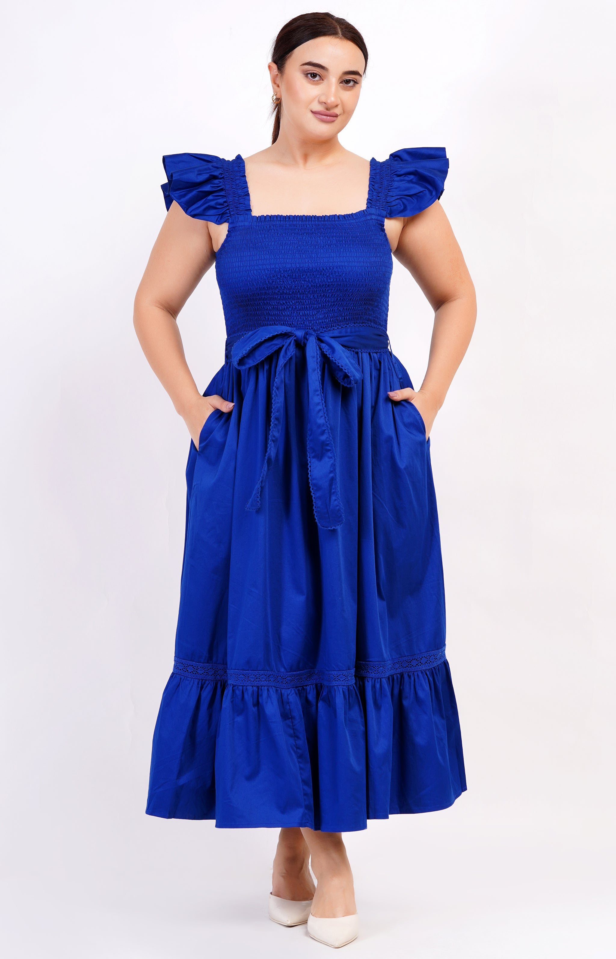 Ivanna A-Line Smocked Midi Dress Solid Mazarine Blue 2X