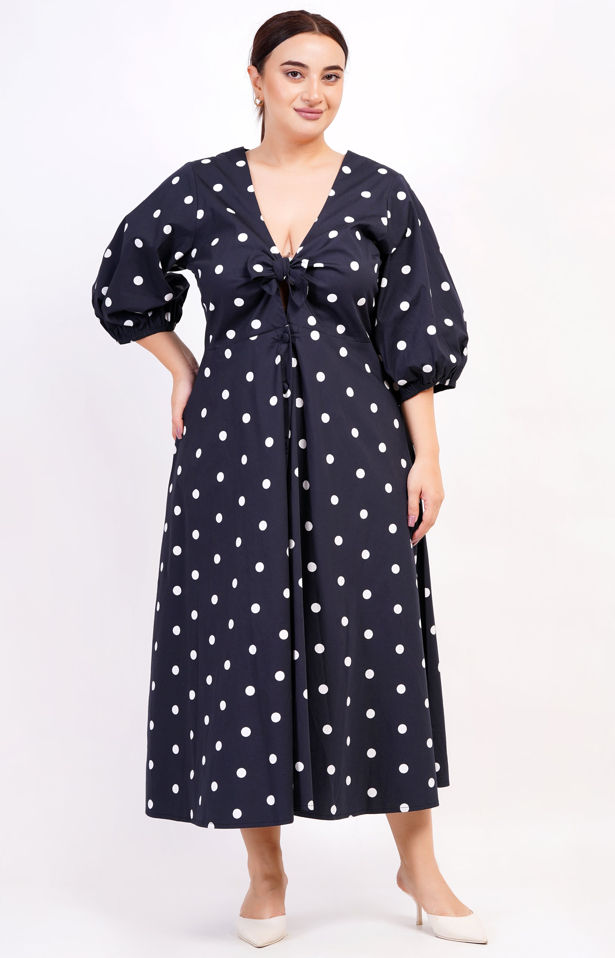 small midi dress Adriana Tie-Front Midi Dress Small Polka Black White 3X