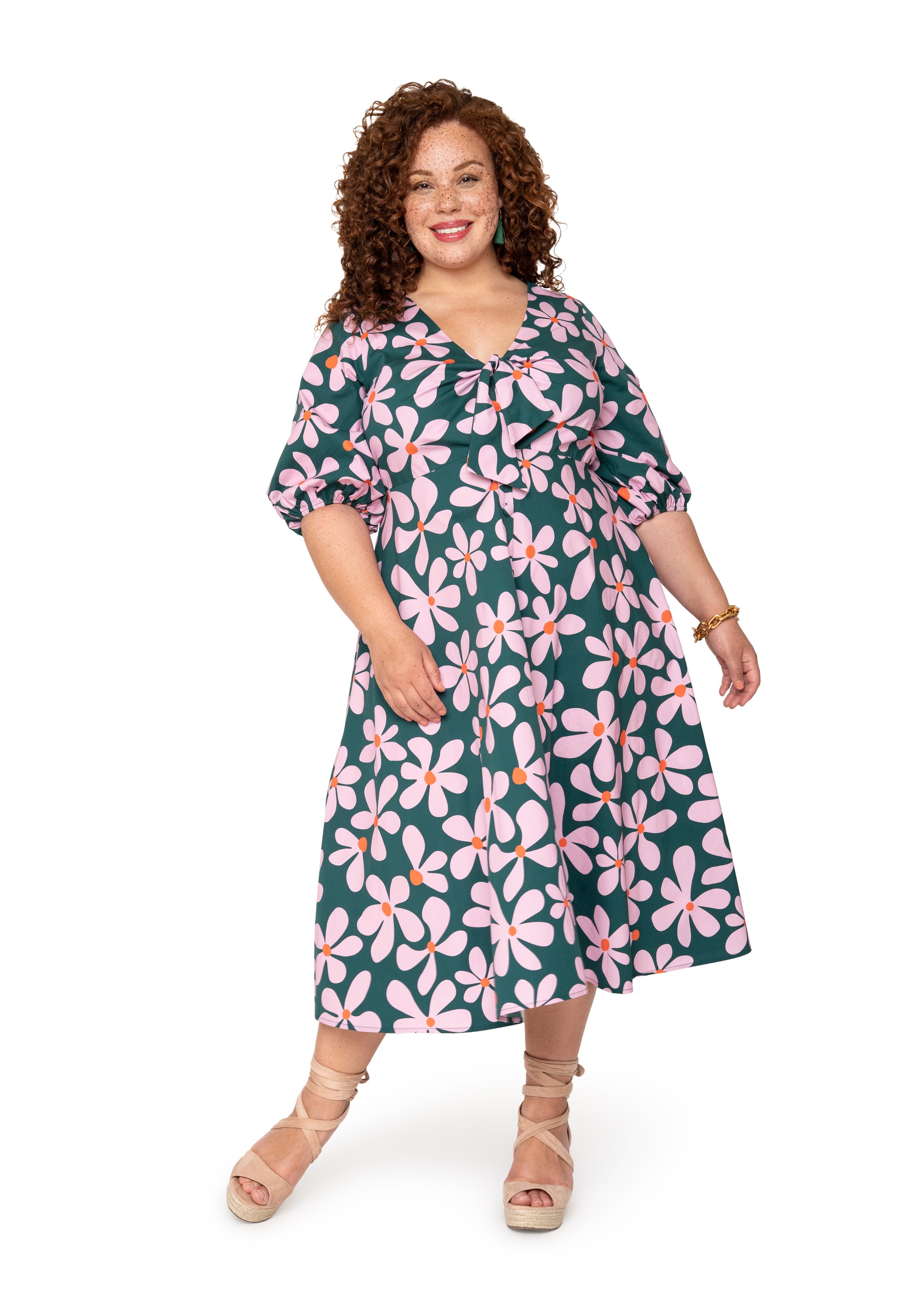 Adriana Tie-Front Midi Dress Dancing Daisies Evergreen Leota Adriana Tie-Front Midi Dress Dancing Daisies Evergreen Leota