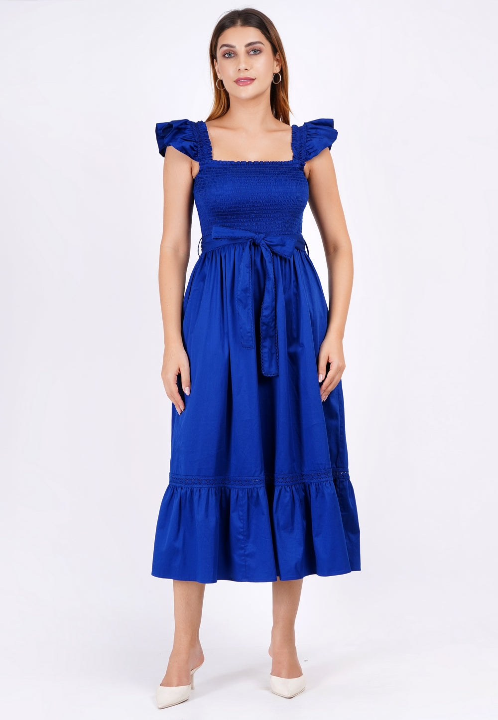 Ivanna A-Line Smocked Midi Dress Solid Mazarine Blue M Ivanna A-Line Smocked Midi Dress Solid Mazarine Blue M