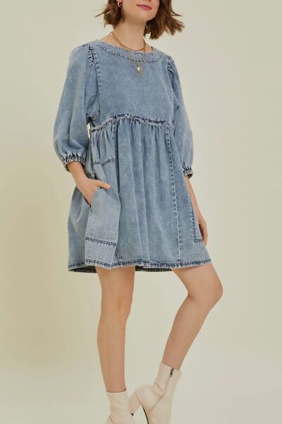 L.NY Cutout Round Neck Balloon Sleeve Denim Dress L.NY Cutout Round Neck Balloon Sleeve Denim Dress