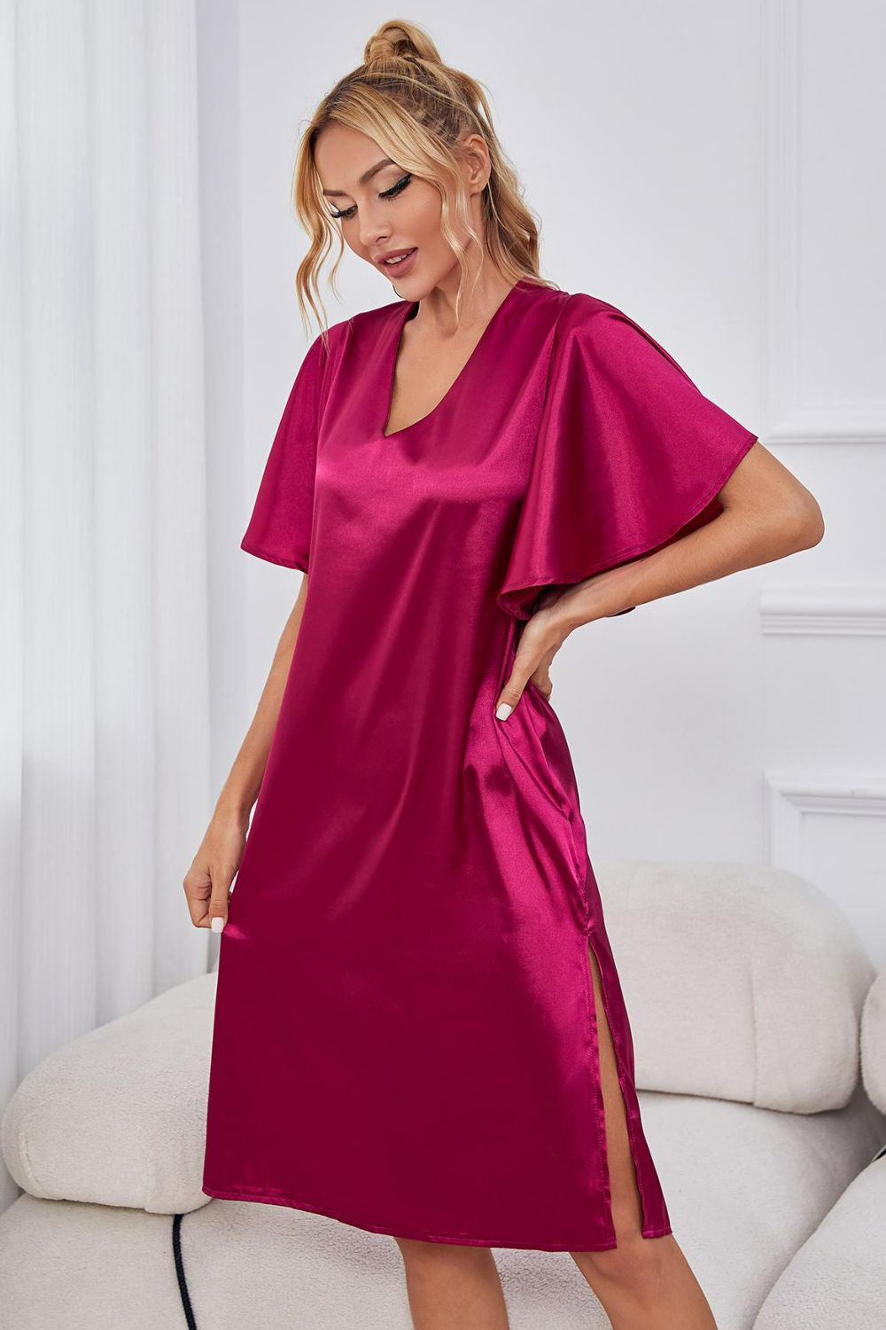 L.NY Satin Flutter Sleeve Side Slit V-Neck Night Dress Leota L.NY Satin Flutter Sleeve Side Slit V-Neck Night Dress Leota