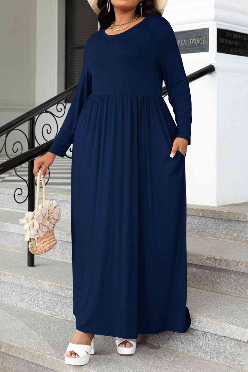 L.NY Plus Size Round Neck Long Sleeve Maxi Dress with Pockets Navy / 2XL L.NY Plus Size Round Neck Long Sleeve Maxi Dress with Pockets Navy / 2XL